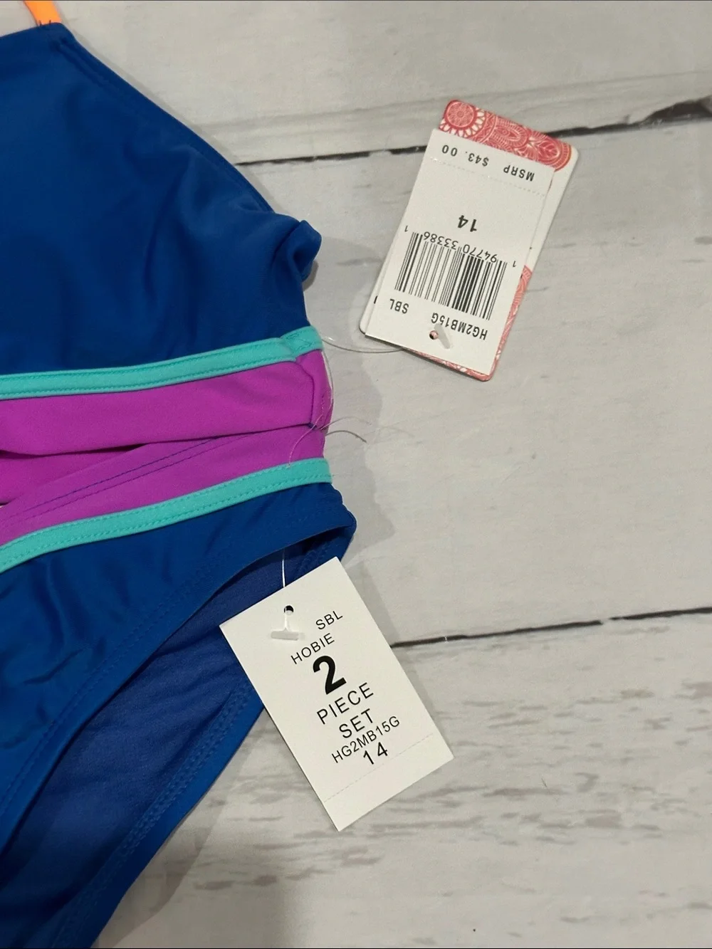 Hobie Blue High-Neck Bikini with Rainbow Strap Accents size 14 2 piece